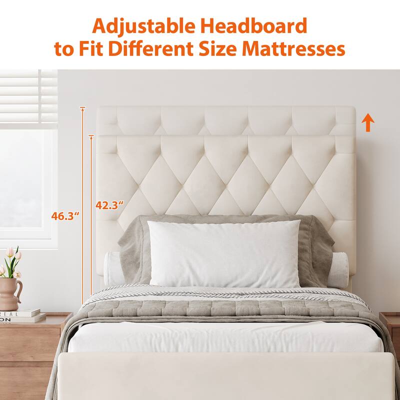 Twin Size Upholstered Platform Bed with Trundle Bed and Adjustable Headboard