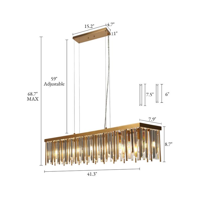 Modern Gold 7-Light Crystal Chandelier Rectangle Island Lights for Kitchen Island