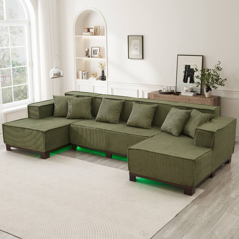 130" U-Shaped Upholstered Sectional Sofa with RGB LED Light Strip and 6 Pillows - Green