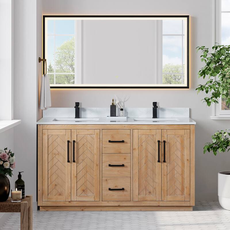 Anais Single Bathroom Vanity in Light Brown with Grain White Engineered Stone Countertop with Mirror