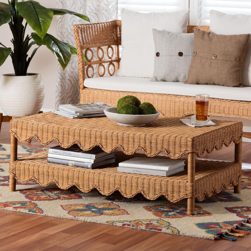 Oteria Natural Rattan Coffee Table - Handwoven Wicker Cocktail Table with Scalloped Detailing and Open Shelf, Coastal Boho Style