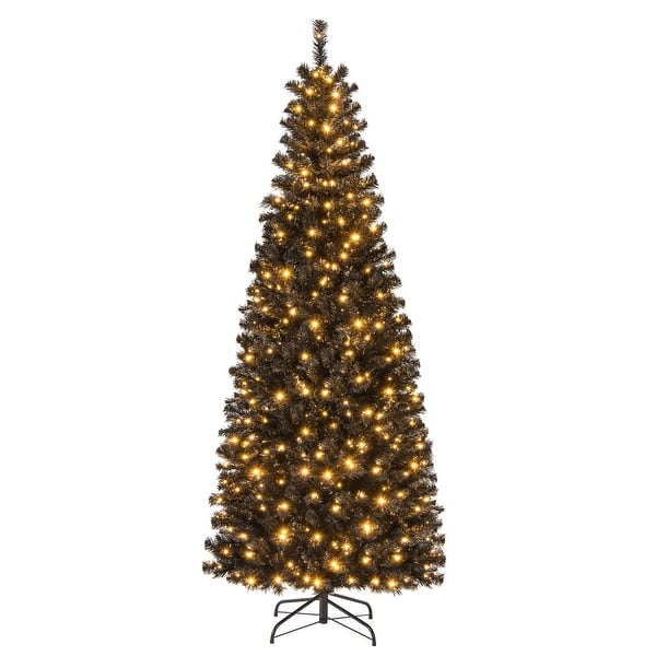 slide 2 of 13, Gymax 6/7 FT Pre-lit Black Christmas Tree Artificial PVC Slim Pencil - See details 7 Foot