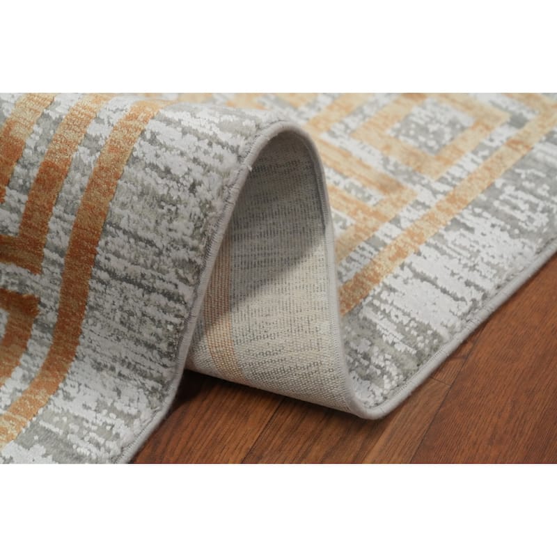Machine Made Oriental Polyester Carpet Geometric Greys & Charcoal Distressed Area Rug - 7' 5'' X 5' 2''