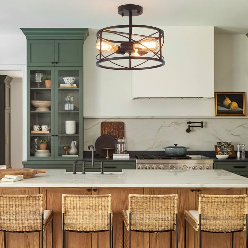 3-Light Metal Hanging Semi-Flush Mount Light Ceiling Light Fixture for Kitchen Island