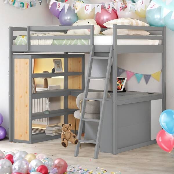 slide 2 of 13, Full Size Loft Bed With Ladder,Shelves and Desk for Home Grey