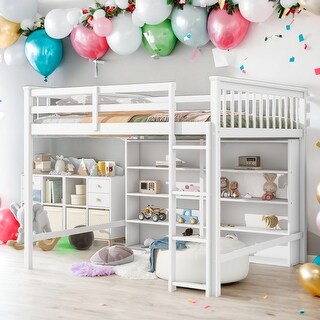 Full Size Loft Bed With 8 Open Storage Shelves Snd Built-in Ladder for Home