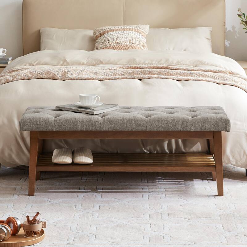 Entryway Shoe Bench Storage Bench Fabric Solid Wood, 43-inch Upholstered Bench for Living Room, Bedrooms