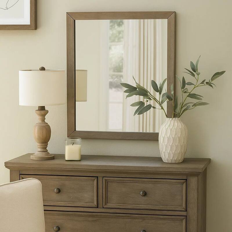 Wall Mirror with Wooden Frame and Grain Details, Natural Brown