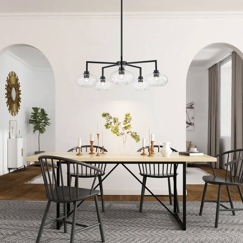 5-Light Modern Black Globe Chandelier Linear Sputnik Clear Glass Bubble Chandelier for Dining Room - 34.65 in. W x 10.24 in. H