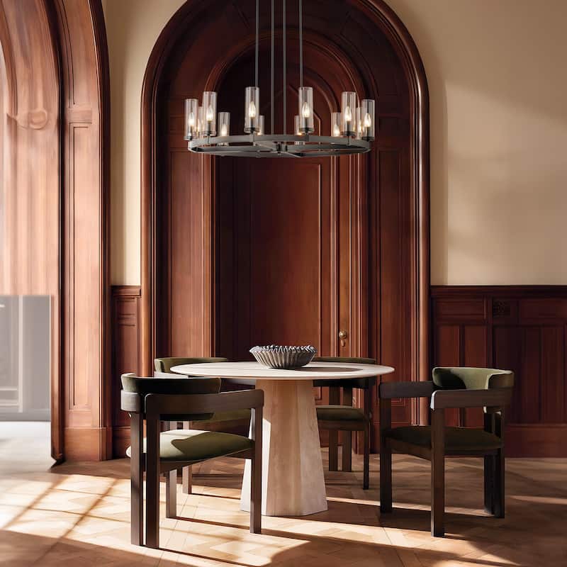 12-Light Mid-Century Modern Gold/Black Clear Glass Large Wagon Wheel Chandelier for Dining Room/ Living Room