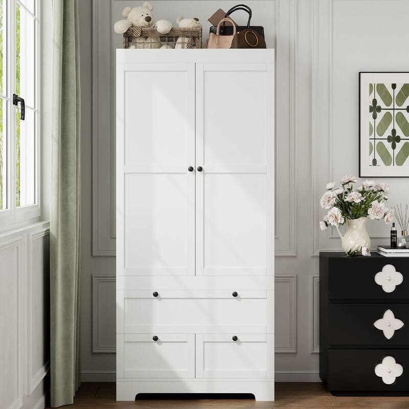 Gyomojoy Large White Wardrobe Closet with Drawers & Doors, Modular Armoire with Hanging Rods, Apartment & Dorm Storage