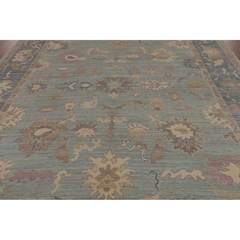Turkish Oushak Vegetable Dye Area Rug Handmade Light Blue Wool Carpet - 9'2"x 11'11"