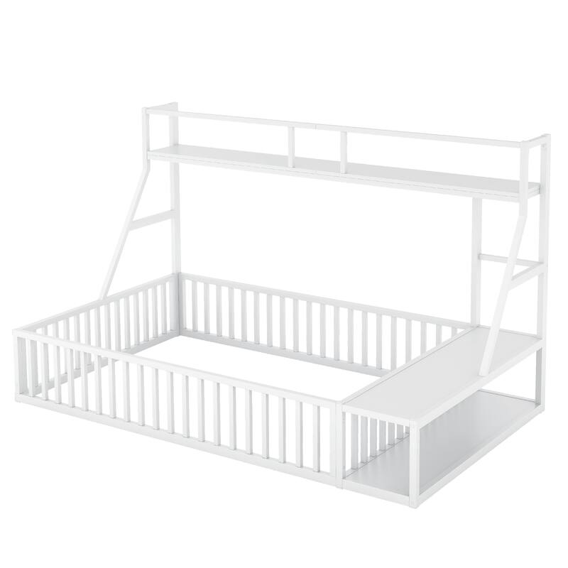 Full Size Floor Bed Frame with Safety Fence, Metal Floor Bed with Desk and Storage Shelves, Playhouse for Kids, White