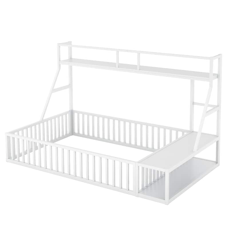 Full Size Floor Bed Frame with Safety Fence, Metal Floor Bed with Desk and Storage Shelves, Playhouse for Kids