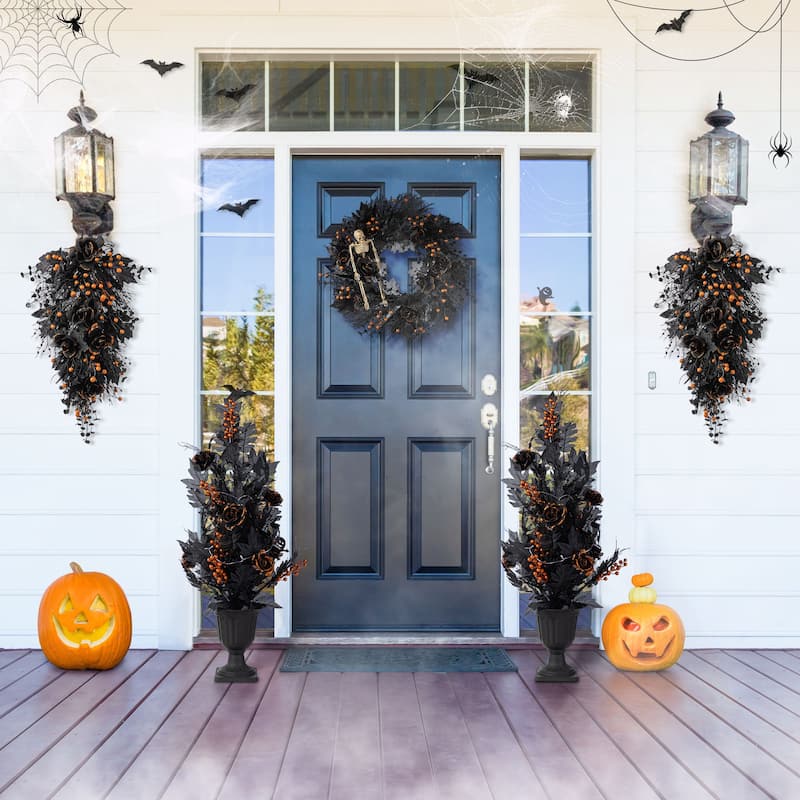 Glitzhome 36"H Halloween Lighted Black Rose Urn Porch Tree with Timer