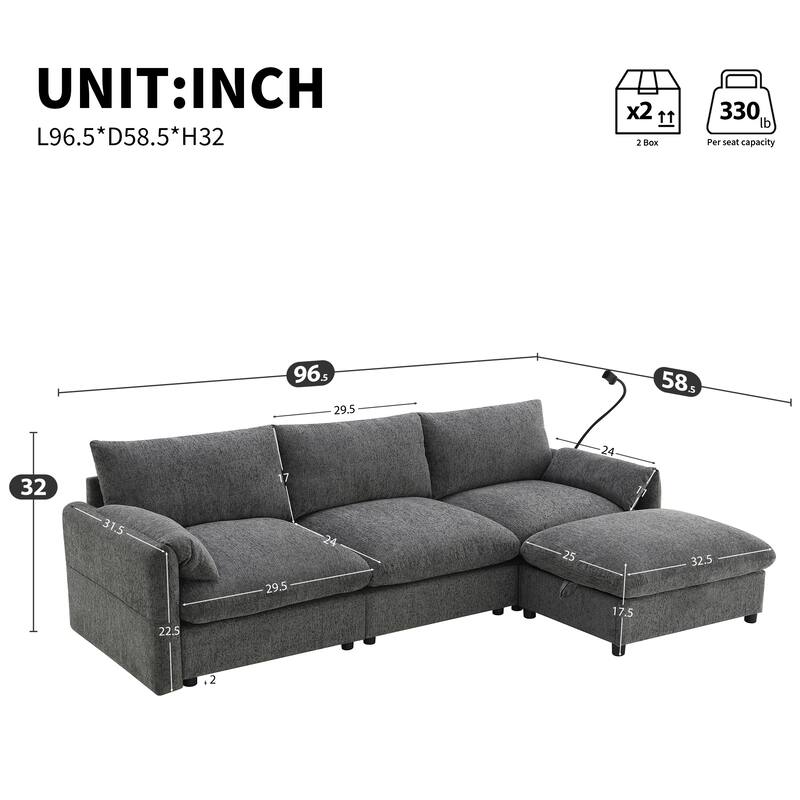 L-Shaped Sectional Chenille Sofa with Storage Ottoman, Phone Holder, USB Charger, Elephant Ear-Shaped Armrests and Pockets