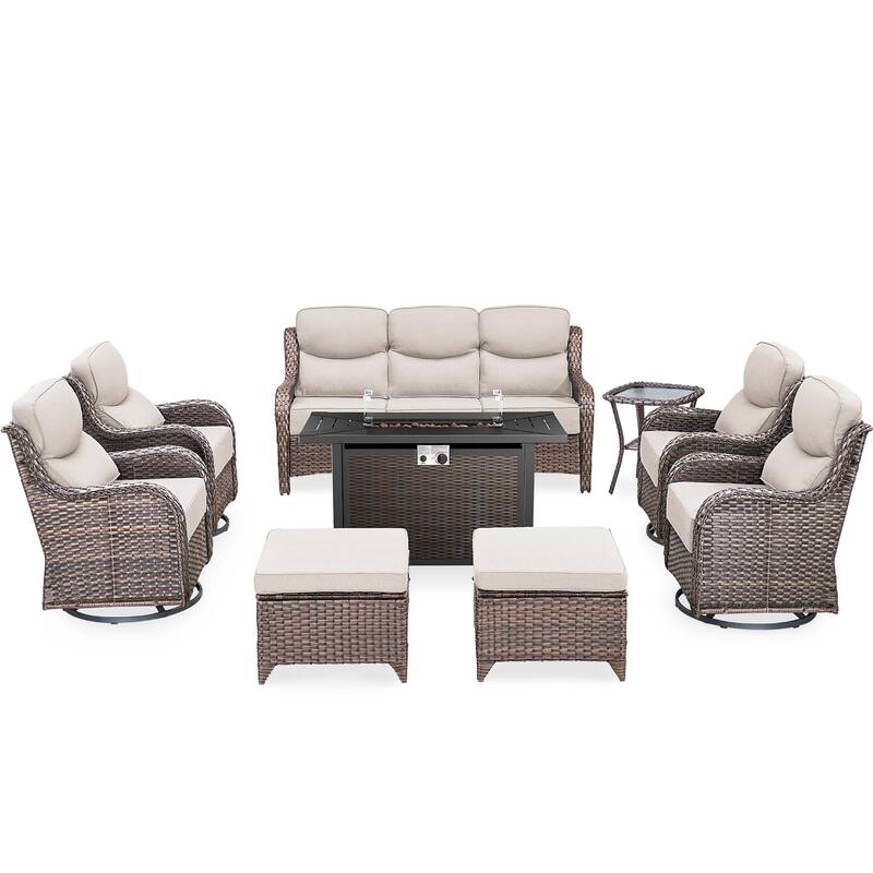 Gymojoy 9-Piece Wicker Patio Furniture Sofa Set with Fire Pit Table, 6-Inch Thick Cushion Swivel Glider Chairs & Ottomans