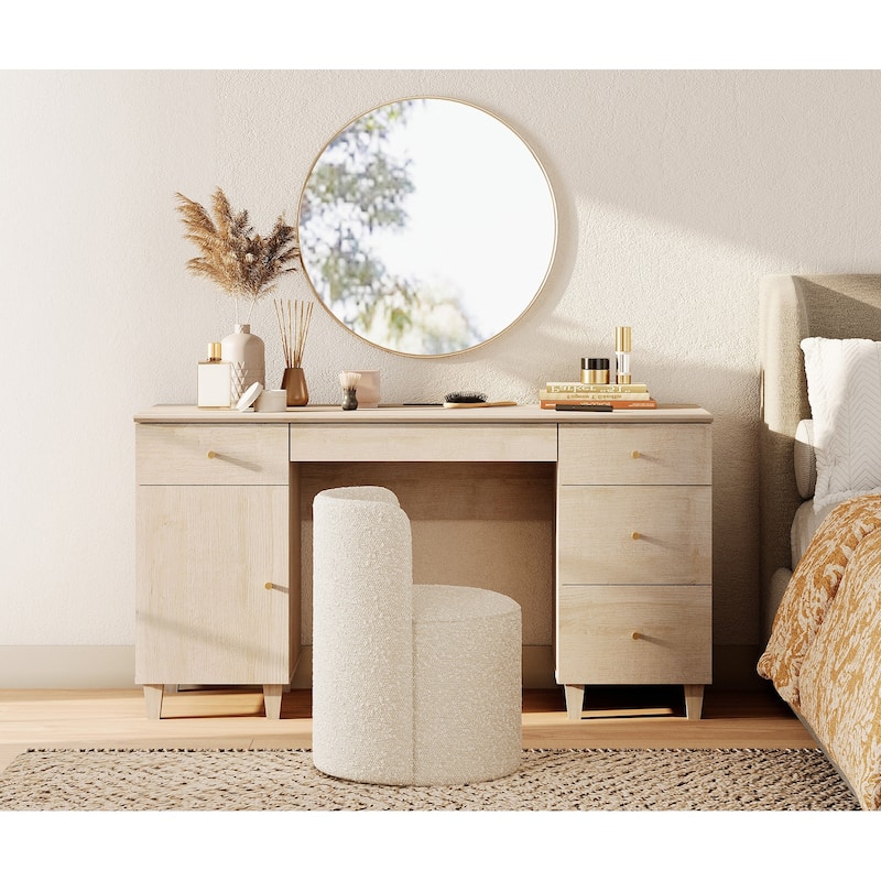 58" Wooden Vanity Desk with Storage Cabinet and Charging Station for Girls, Vanity Dressing Table for Bedroom - Natural Oak