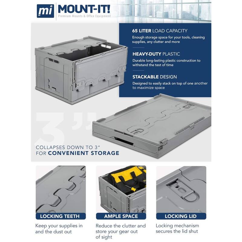 Mount-It! Collapsible Plastic Storage Crate Collapsible Utility Distribution Container with Attached Lid - MI-908
