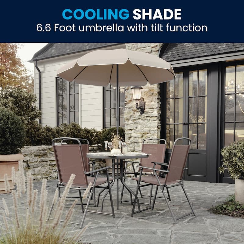 Nantucket 6 Piece Patio Garden Set with Table, Umbrella and 4 Folding Chairs