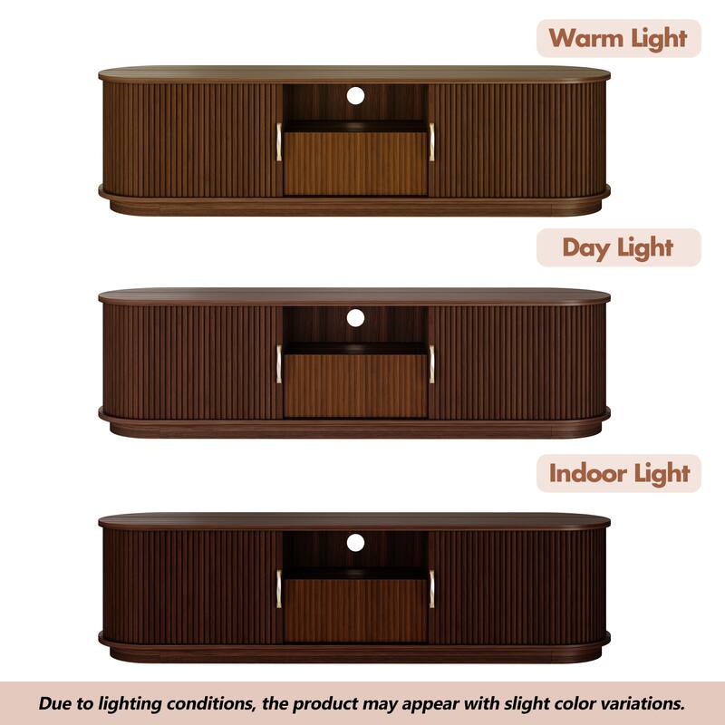Vintage TV Stand with Sliding Wood Slatted Doors for TVs up to 75", with Drawer, Wood Grain Media Console with Cable Management