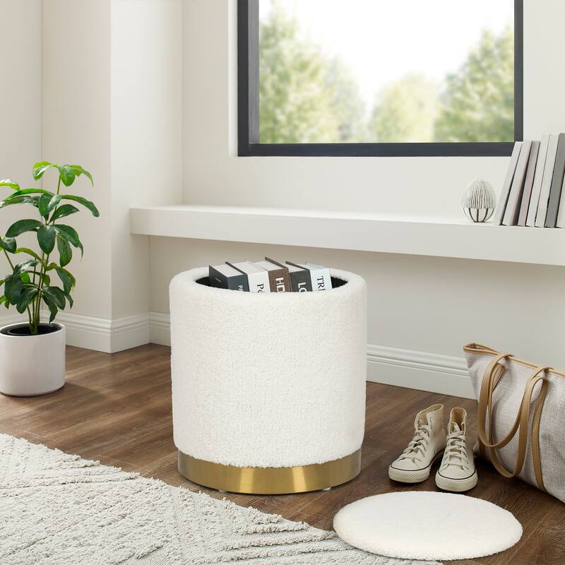 Adeco Velvet Round Storage Stool Gold Plating Base Storage Ottoman