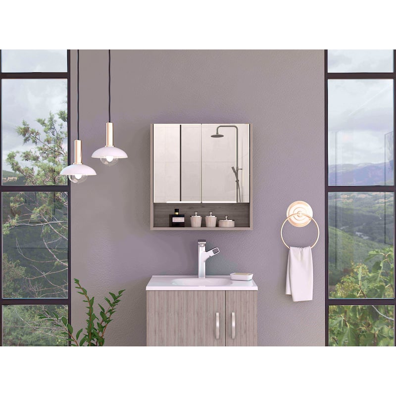 Mirror Cabinet - Double Doors, 3 Internal Shelves, 1 Open Shelf, Wall-Mounted Bathroom Storage - 23.6X5.5 in - Beige + Particle Board