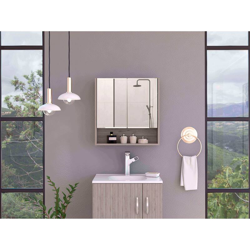 Rectangle Medicine Cabinet with Mirror, Two Doors, 4 Interior Shelves, White Finish, Perfect for Bathroom Storage - 23.6X5.5 in - Light Oak + Particle Board