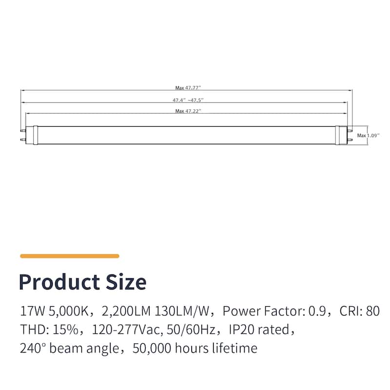 4FT T8 LED Tube Light, Type B Ballast Bypass Double Ended, 17W=45W, 2200LM, 5000K, Frosted, 25 Pack - White - 47.78