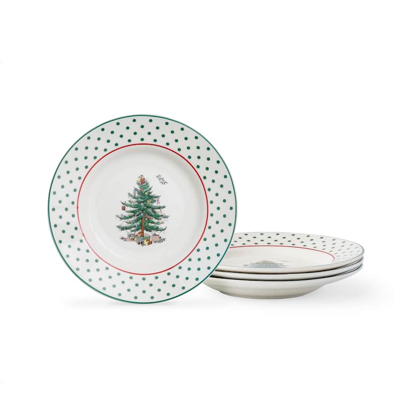 Spode Set of 4 Christmas Tree Polka Dot Tidbit Plates - Green/White/Red - 4 Piece