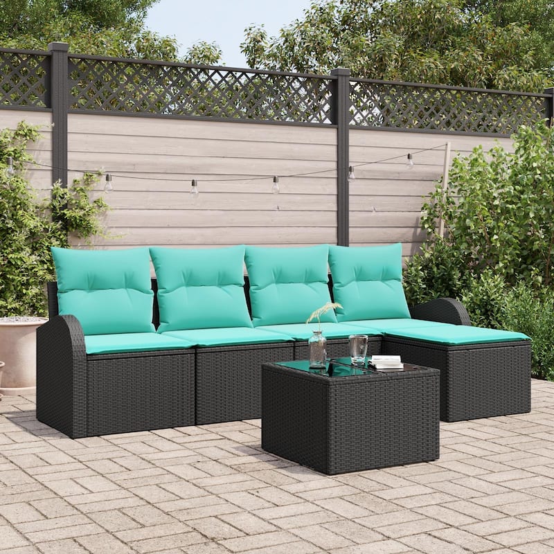 vidaXL 6 Garden Sofa Set with Cushions Black Poly Rattan - 92.1 x 46.1 x 27.2 - Black with table