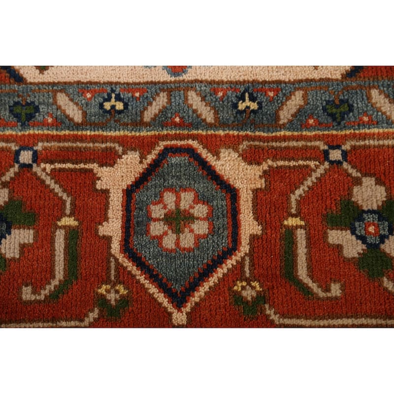Peach Geometric Heriz Serapi Indian Area Rug Hand-Knotted Wool Carpet - 8'11" x 11'8"