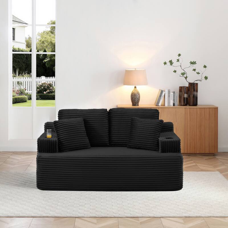 66.5'' Boneless Sofa Couch with 2 Pillows, 2 Seater Sofa Couch Upholstered Loveseat with Side Pocket - Black