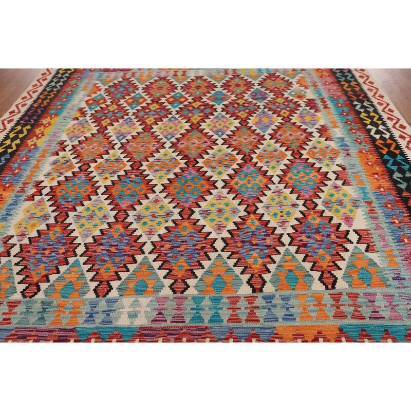 Southwestern Style Geometric Kilim Area Rug Hand-Woven Wool Carpet - 8'4" x 9'9"