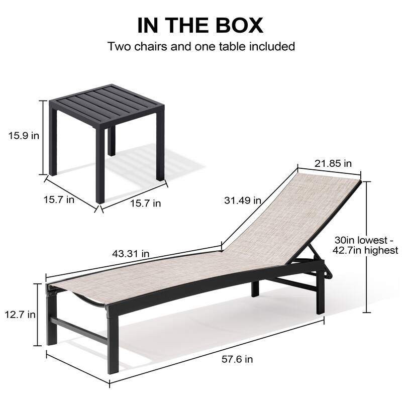 Outdoor Chaise Lounge Reclining Adjustable Chairs with Side Table Set