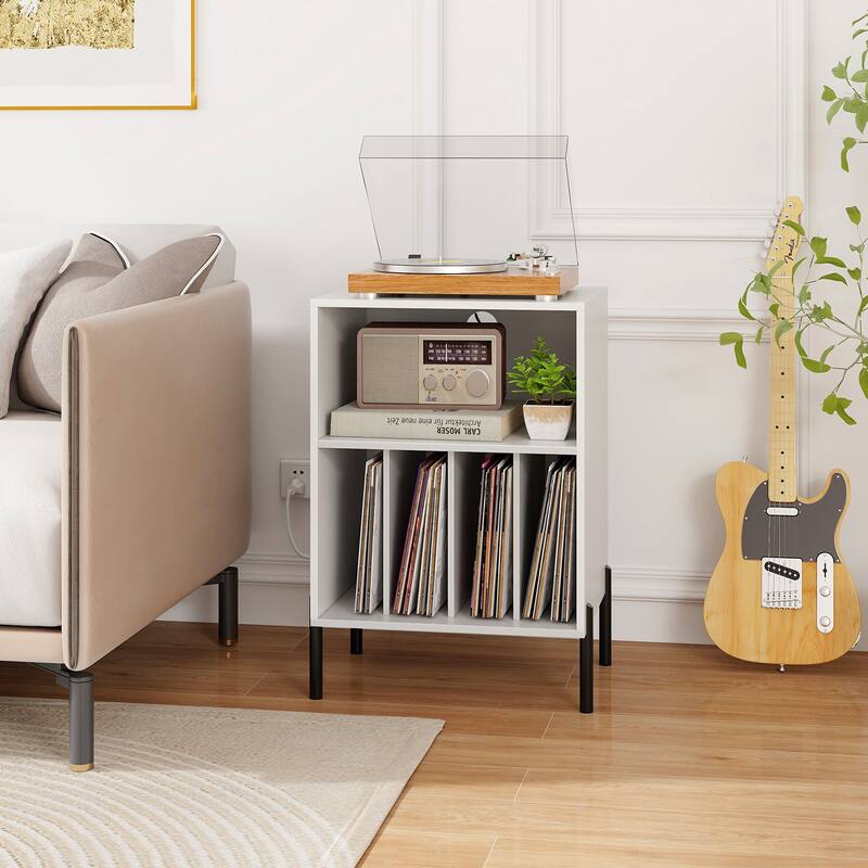 Gymax Record Player Stand w/Charging Station 5 Storage Compartments