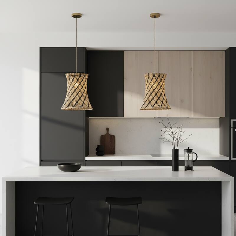 Yori 1-Light Rattan Hourglass Pendant, Coastal Boho - Handwoven - 14" Wide