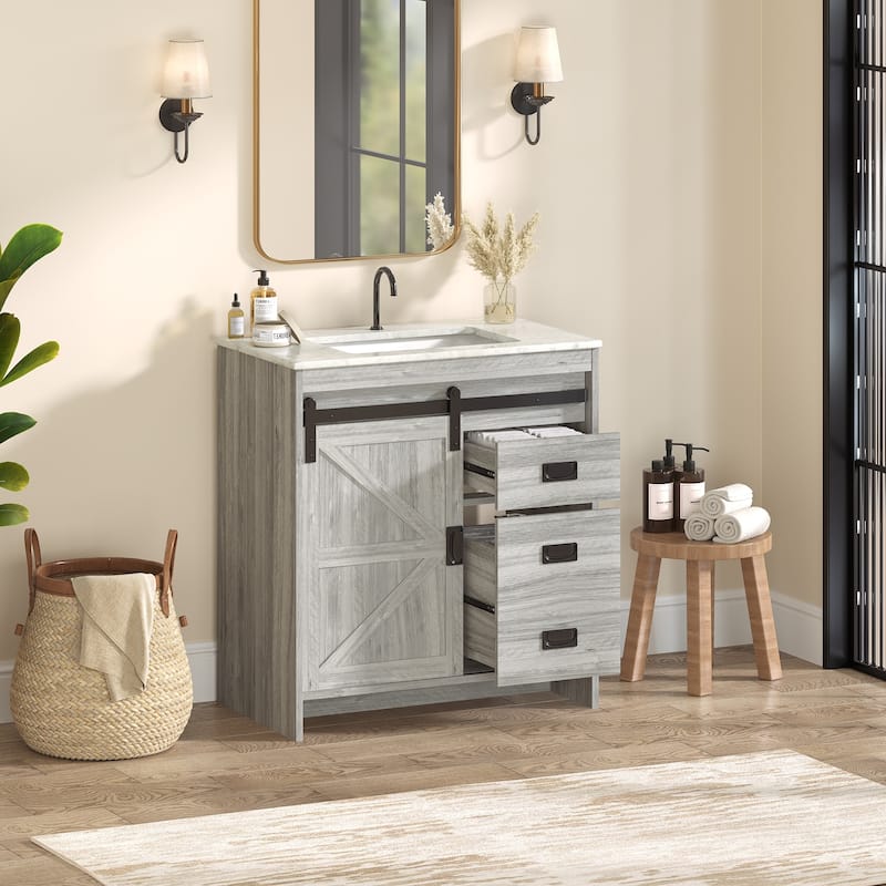 EROMMY Farmhouse Bathroom Vanity with Ceramic Top and Sliding Barn Door Sink Cabinet, Rustic Single Sink Vanity
