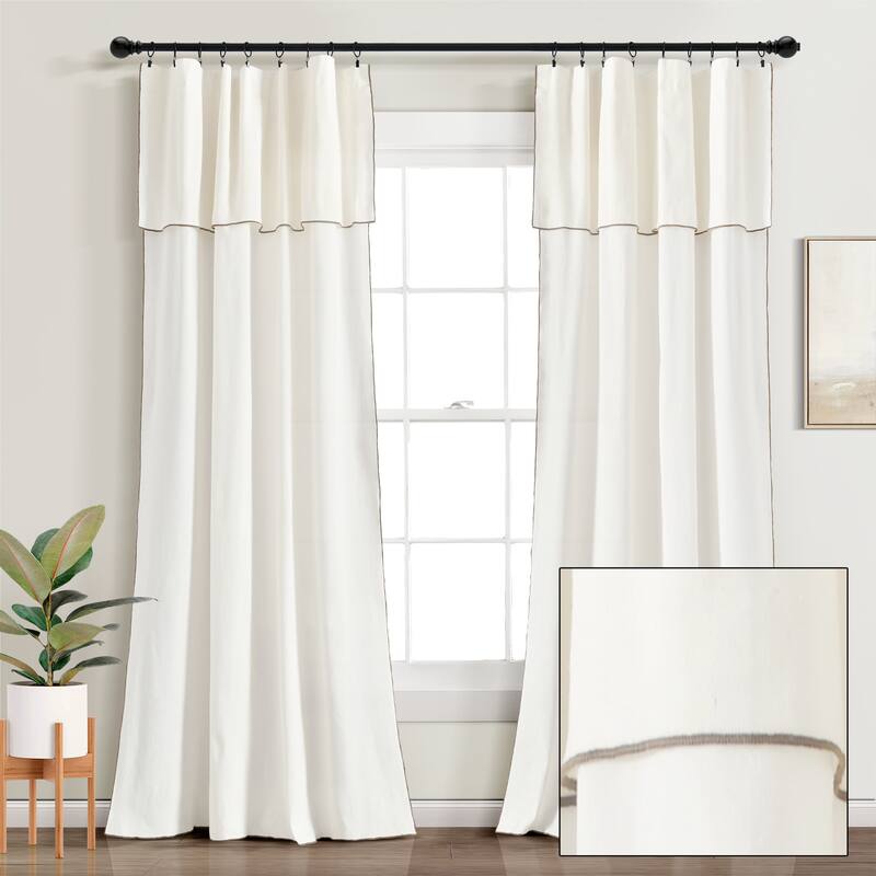 Lush Decor Modern Faux Linen Embroidered Edge With Attached Valance Window Curtain Panels Set