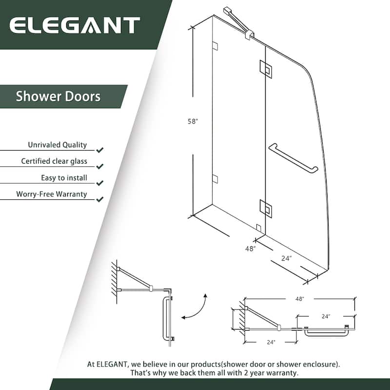 Elegant Tub Door Frameless Pivot Hinged Bathtub Glass Panel with Clear Tempered Glass Door for Bathtub