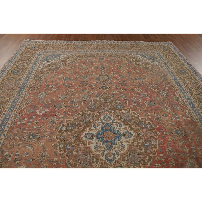 Distressed Mashad Vintage Persian Area Rug Hand-Made Wool Carpet - 9'7" x 13'2"