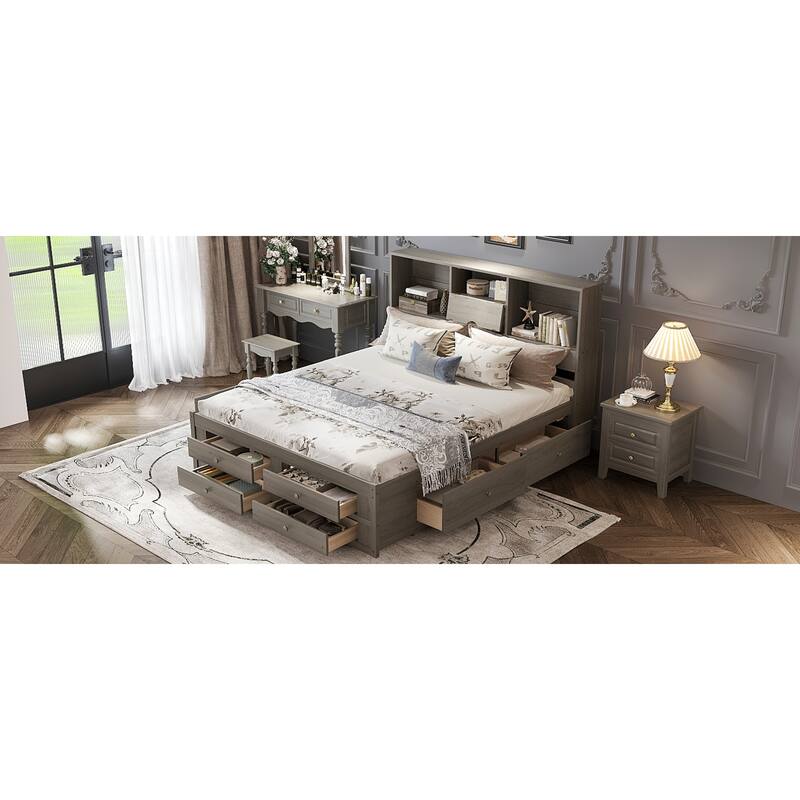 Roomfitters Queen/King Platform Bed with Storage Headboard and 8 Drawers, Solid Wood