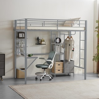 Twin Size Metal Loft Bed with Desk and Storage Shelves, Full-length Guardrails