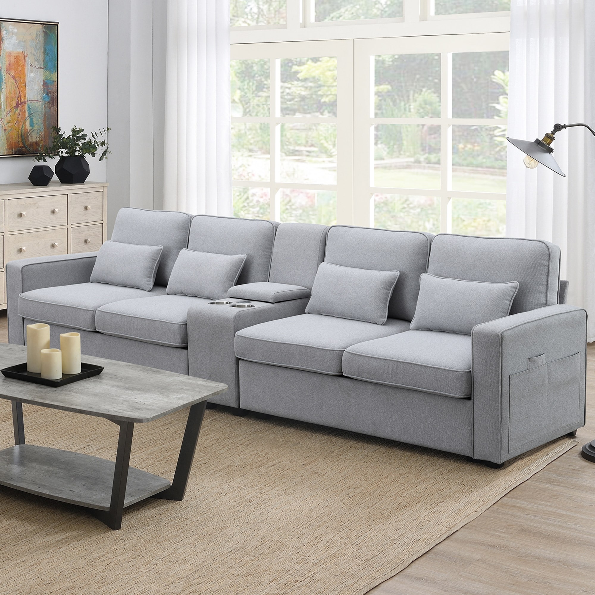 Linen Fabric Modular Sectional Sofa with Center Console Deep Seat
