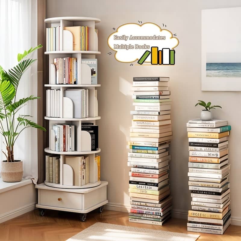 GDF Studio - Purling Modern 6-Tier Wood 360-Degree Rotating Bookshelf with Drawer Storage