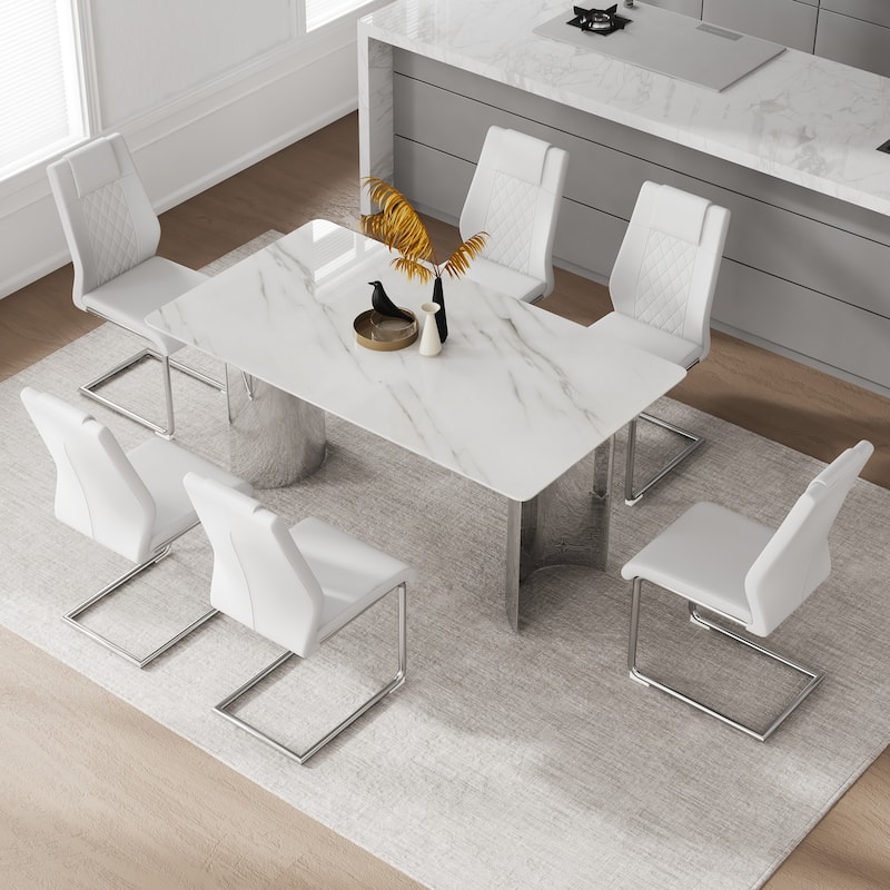 Modern 7-Piece Dining Table and Chair Set, 63" Faux Marble Glass Table with Stainless Steel Legs and PU Dining Chair