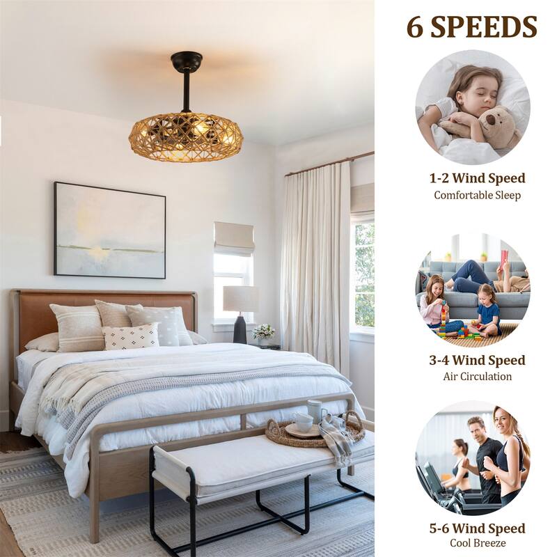 19" Hemp Rope Woven Ceiling Fan with 4 bulbs and Reversible DC Motor
