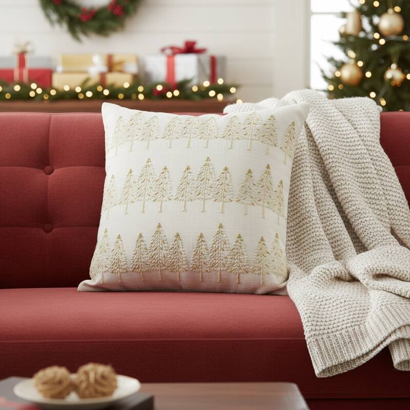 18" Ivory And Gold Cotton Christmas Trees Throw Pillow With Embroidery - Polyester - 18.00 in. x 18.00 in.  x 6.50 in. - Pillow Sets - Gold/Ivory