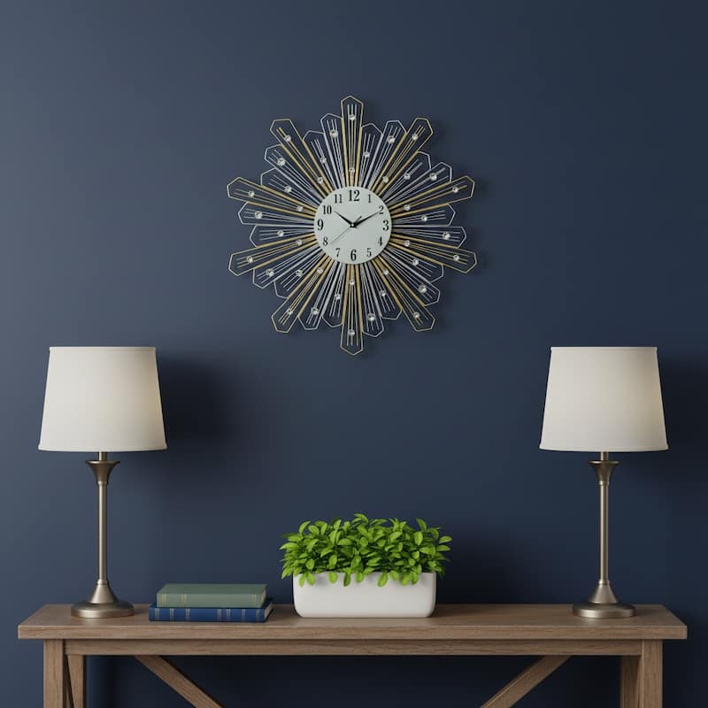 HomeRoots 27" Gold Silver And Metal And Faux Crystals Silent Analog Sunburst Wall Clock - 27.00 in. x 27.00 in. x 1.50 in. - 27.00 in. x 27.00 in.  x 1.50 in.