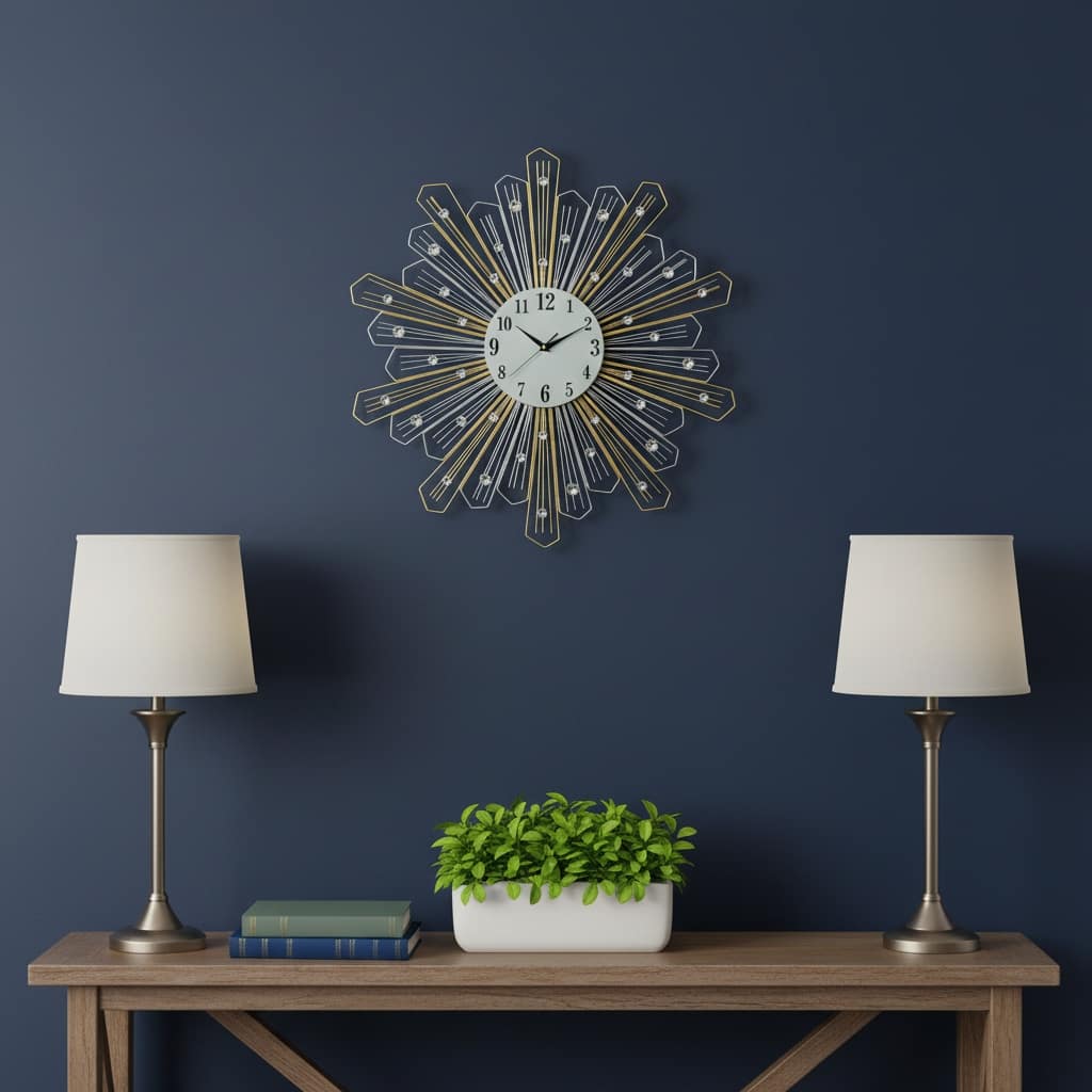 HomeRoots 27" Gold Silver And Metal And Faux Crystals Silent Analog Sunburst Wall Clock - 27.00 in. x 27.00 in. x 1.50 in.